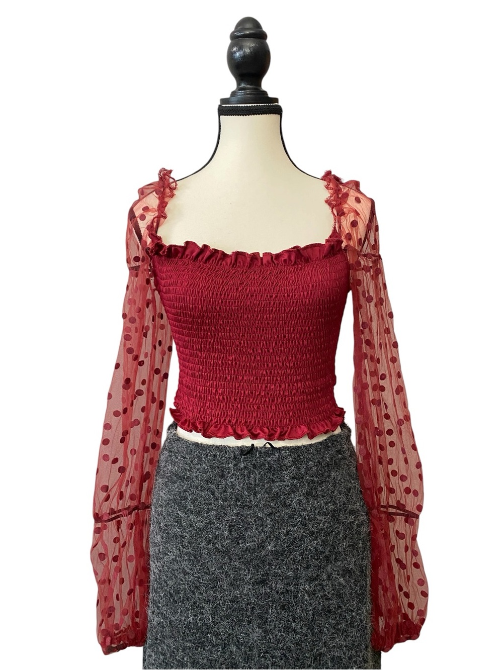 Red Smocked Puff Sleeve Square Neck Top Size M #RomanticGoth #Whimsigoth